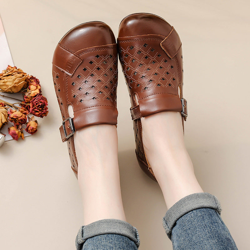 Top Leather Round Toe Hallow Soft Flat Sole Comfy Slip-On Shoes