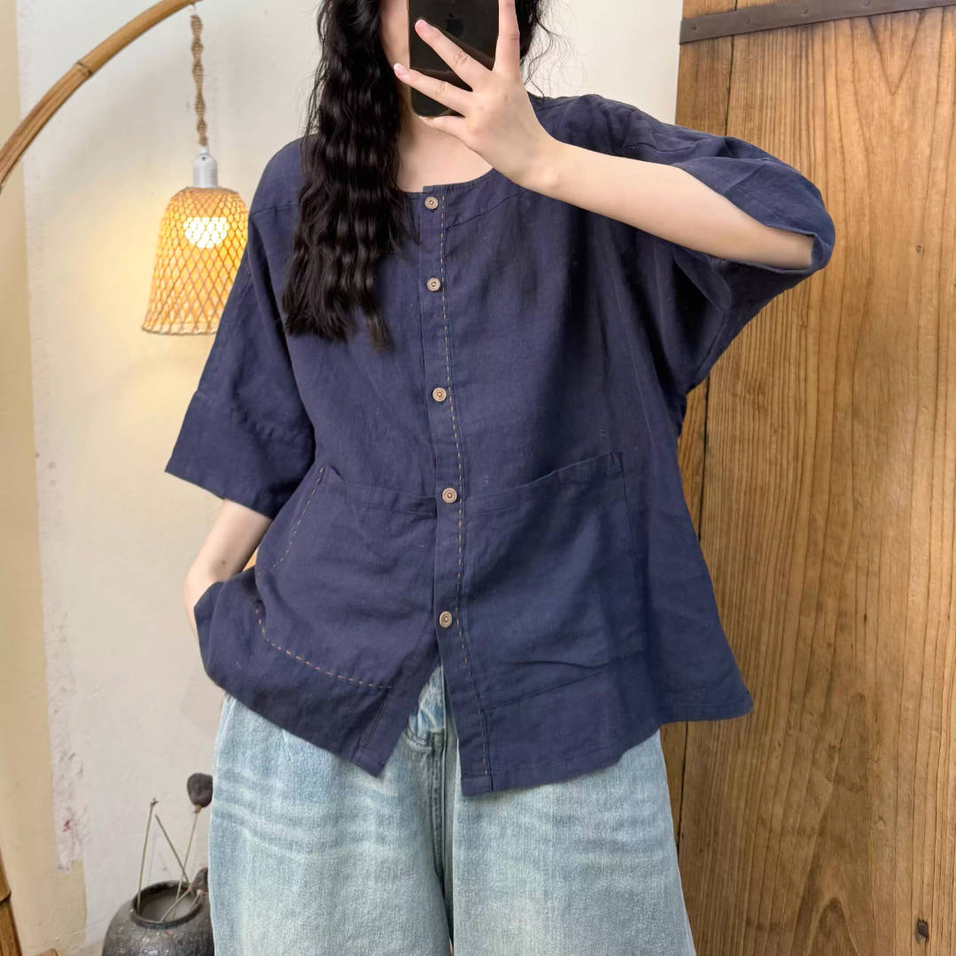 Spring Casual Linen Round Neck Single-Breasted Half Sleeves Tops