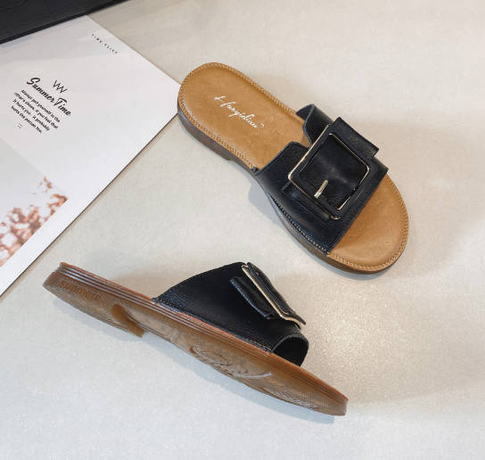 Summer Versatile Women Open Toe Genuine Leather Soft Slide Sandals
