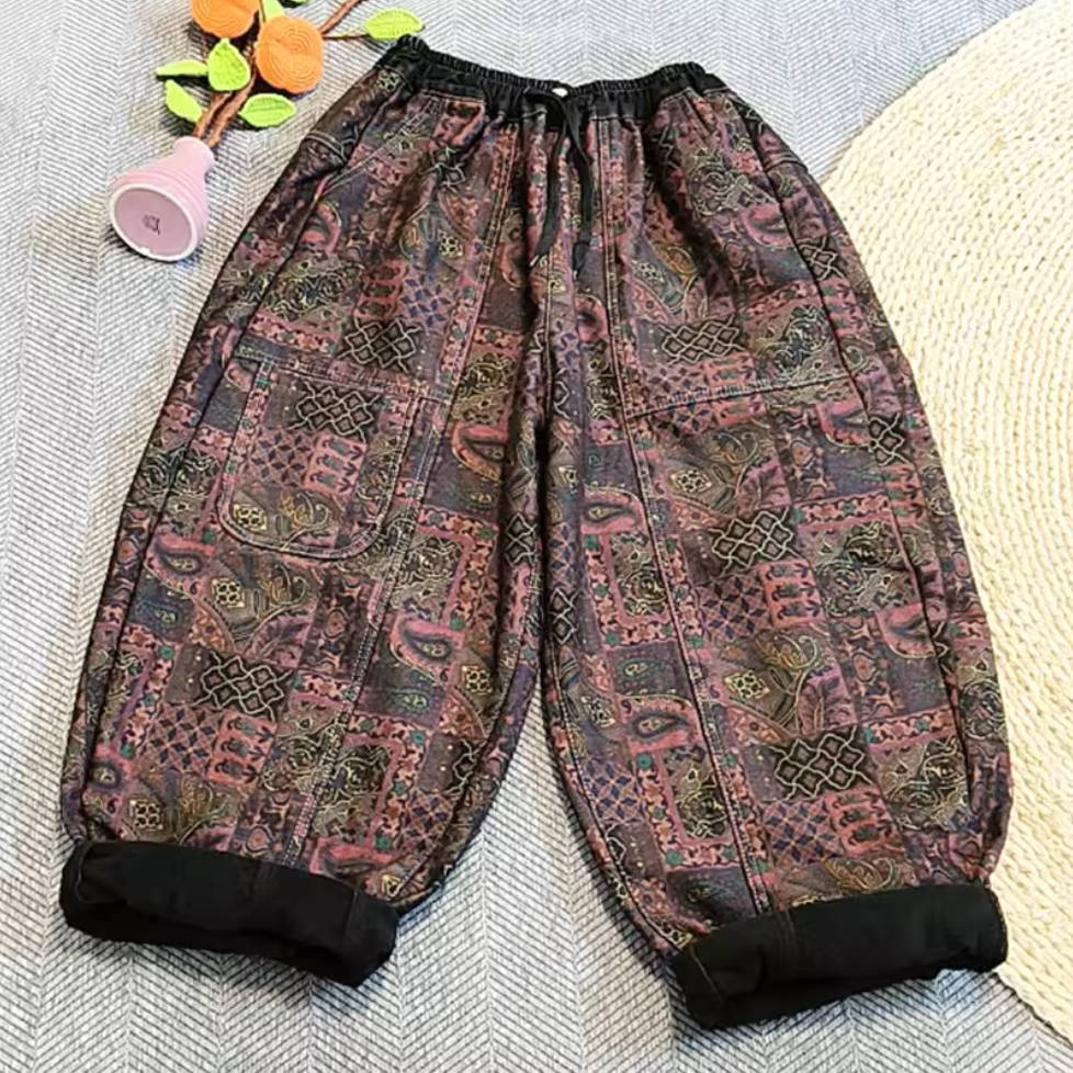 Vintage Demin Printed Elastic Waist Warm Plush Wide Legs Harem Pants