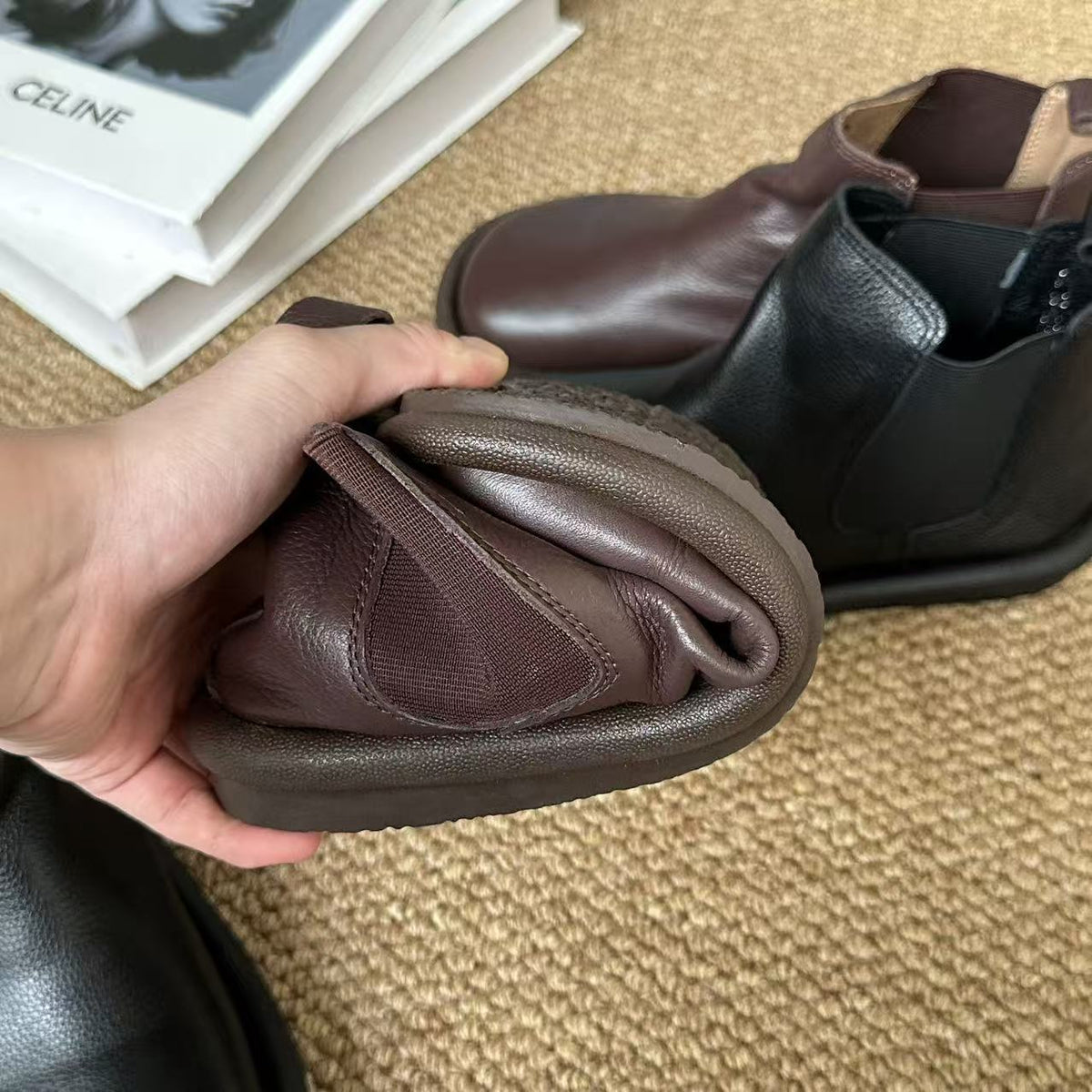 Genuine Leather Wide Round Toe Soft Sole Slip-On Boots