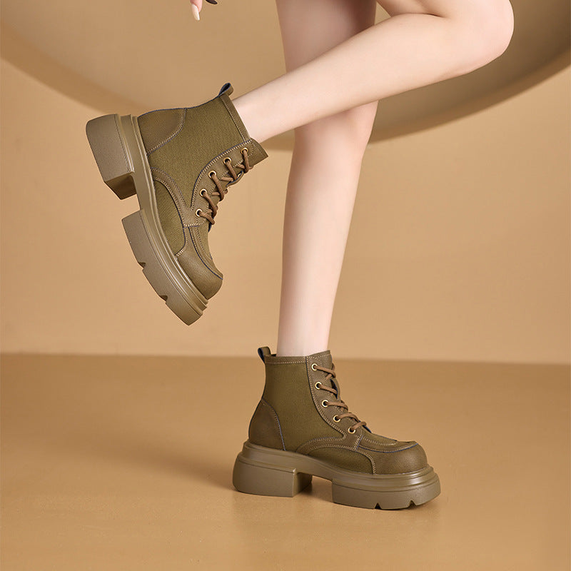 Sueded Leather Patchwork Round Toe Platform Lace-Up Ankle Boots