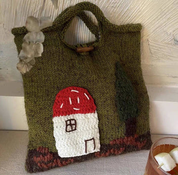 Vintage Forest Mushroom House Hand-knitted Tweed Tote Bag