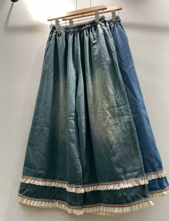 Retro Versatile Denim Elastic Waist Lace-trimmed Wide Loose Jeans