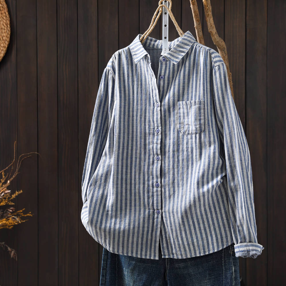 Autumn Cotton Retro Simple Striped Versatile Casual Shirt