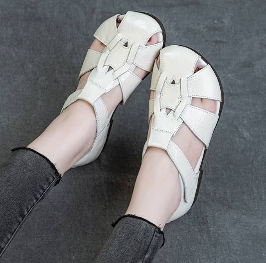 Retro Women Genuine Leather Round Toe Cut Out Soft Sandals