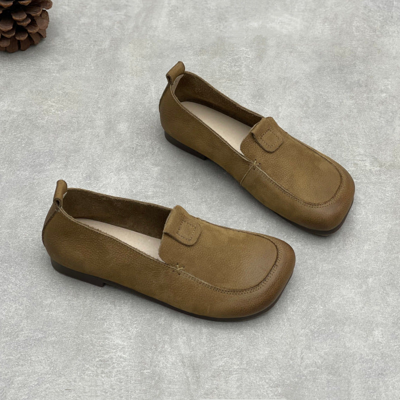 Genuine Leather Square Toe Soft Sole Versatile Slip-On Flat Shoes