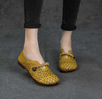 Retro Top Genuine Leather Casual Hollow Out Flat