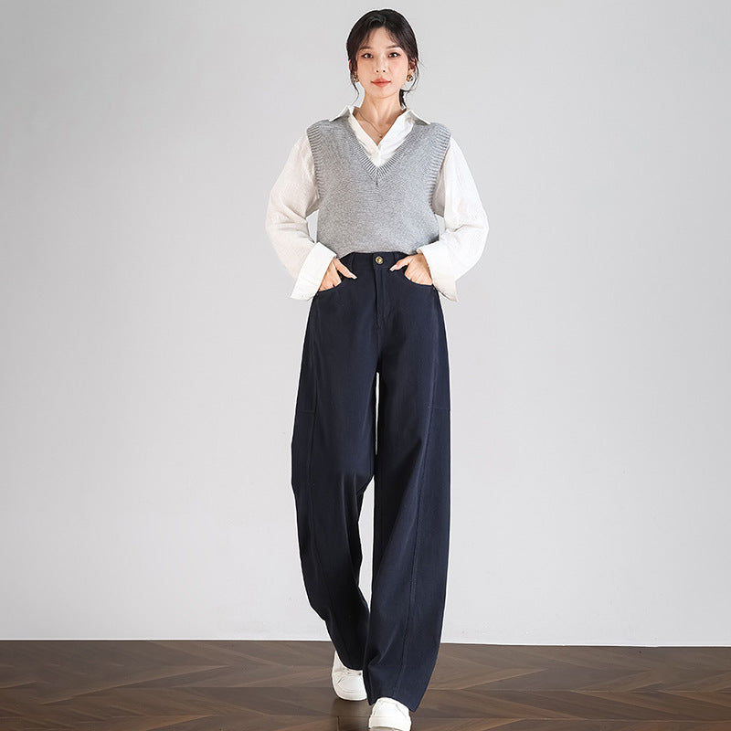Cotton Casual Solid Color Loose Straight Elastic Waist Pants