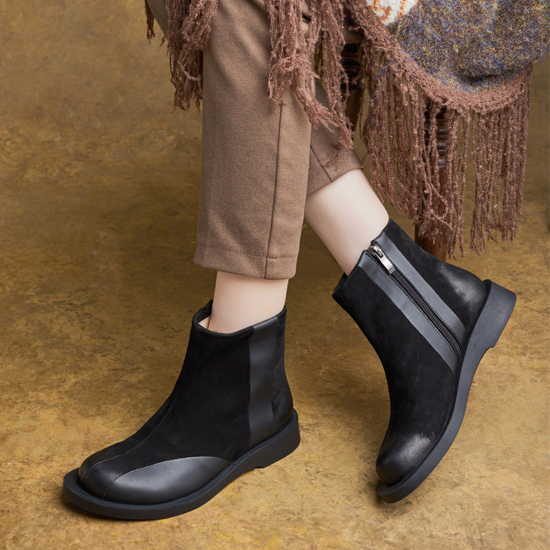 Retro Top Leather Sueded Flat Sole Zipper Ankle Boots