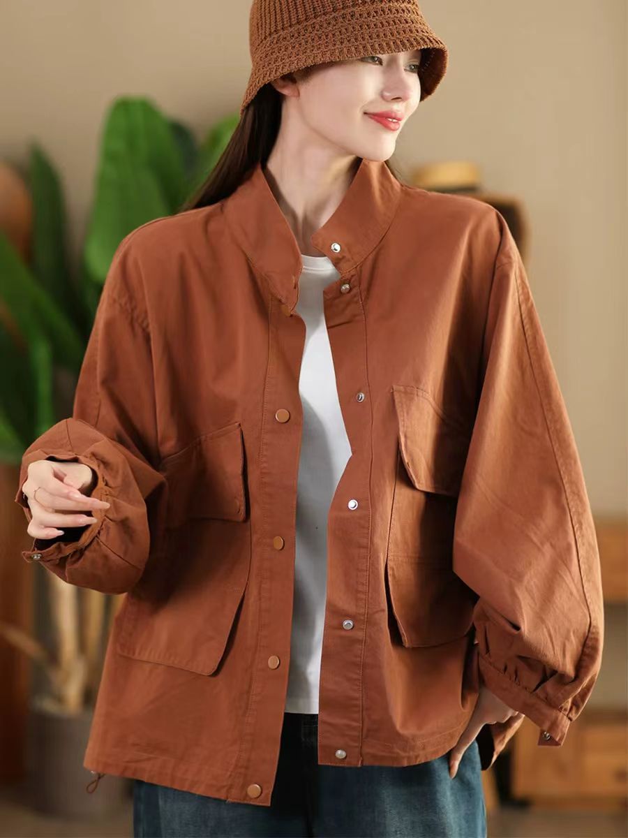 Vintage Cotton Casual Stand Collar Plus Pocket Loose Jacket