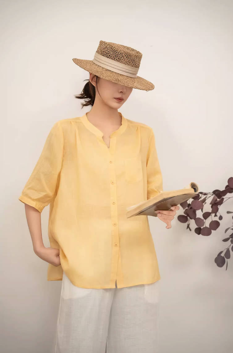 Spring Ramie V-Neck Thin Breathable Half Sleeves Thin Slim Tops