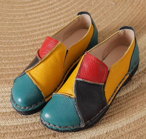 Vintage Patchwork Genuine Top Leather Round Toe Soft Sole Flat Slip-on