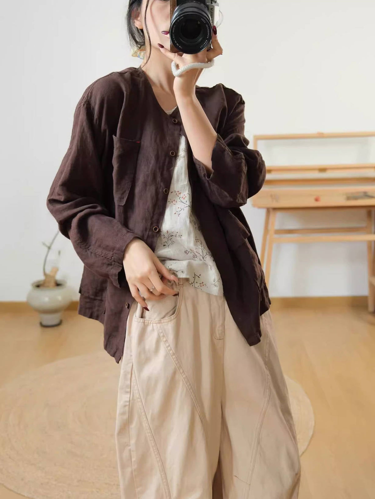 Retro Linen Solid Color Round Neck Thin Pocket Loose Shirt