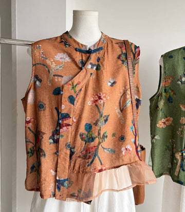 Vintage Floral Printed Frog Button Slanted Placket Mesh Hem Vest Top