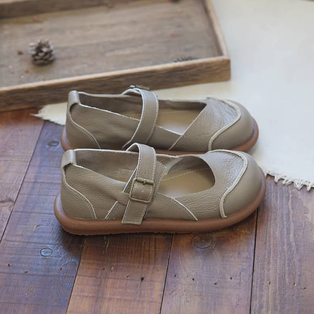 Round Toe Leather Shallow Retro One Straped Soft Sole Sandale