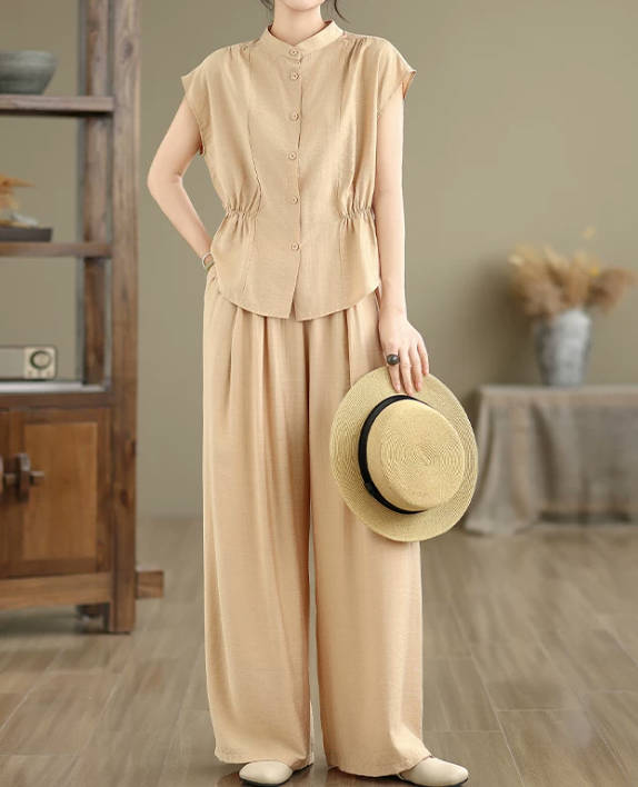 Summer Casual Cotton Elegant Short-Sleeve Wide-Leg Pants Set