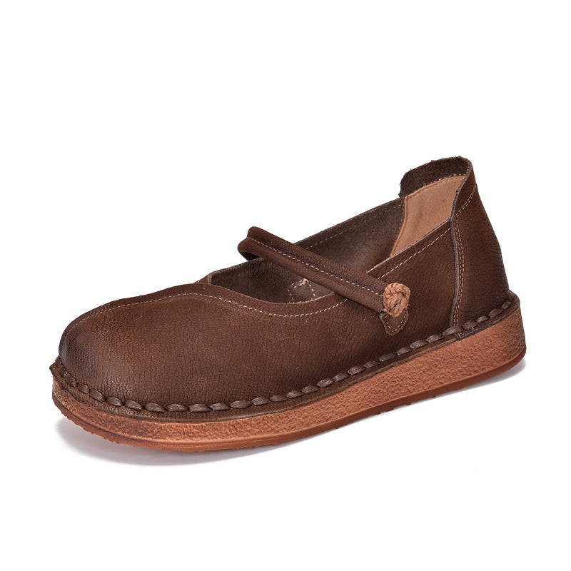 Retro Leather Thick Flat Soft Sole One Straped Casual Sandals