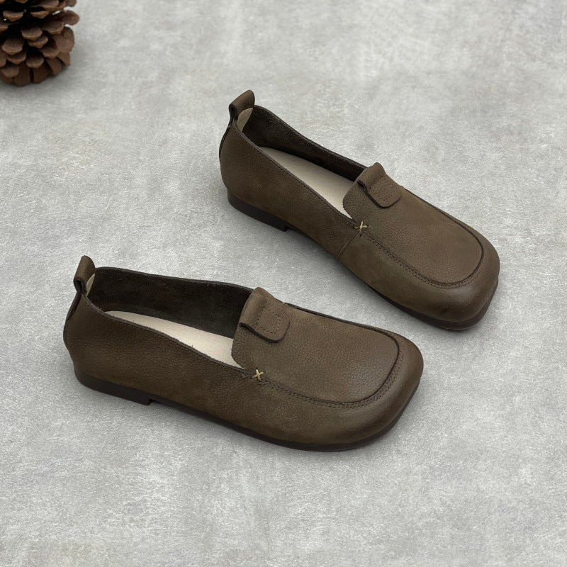 Genuine Leather Square Toe Soft Sole Versatile Slip-On Flat Shoes