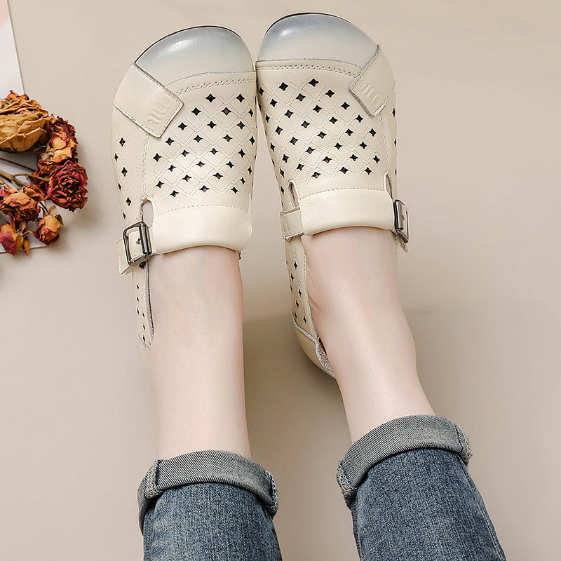 Top Leather Round Toe Hallow Soft Flat Sole Comfy Slip-On Shoes
