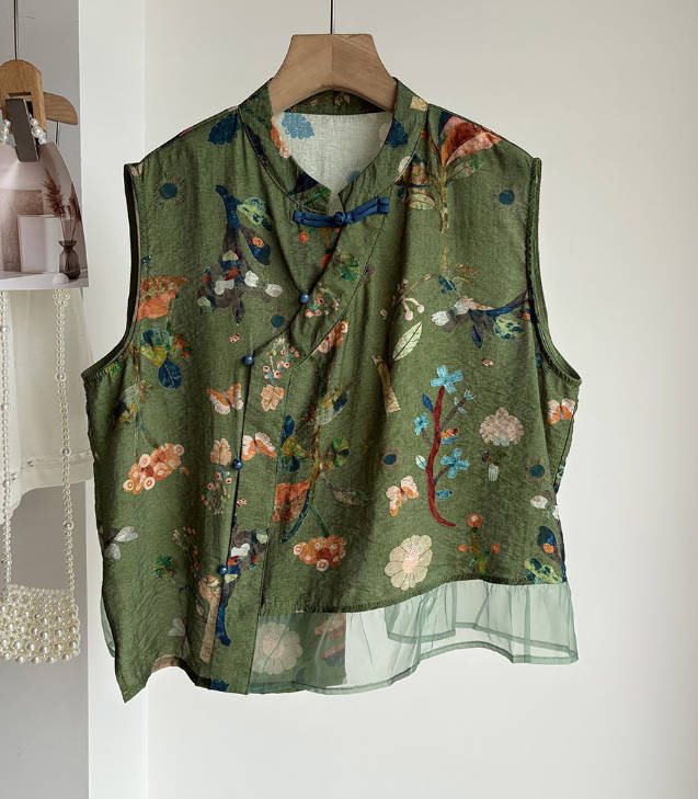 Vintage Floral Printed Frog Button Slanted Placket Mesh Hem Vest Top