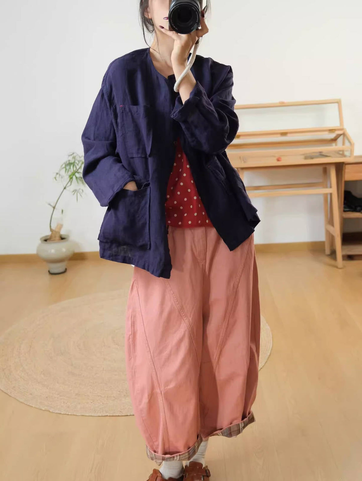 Retro Linen Solid Color Round Neck Thin Pocket Loose Shirt