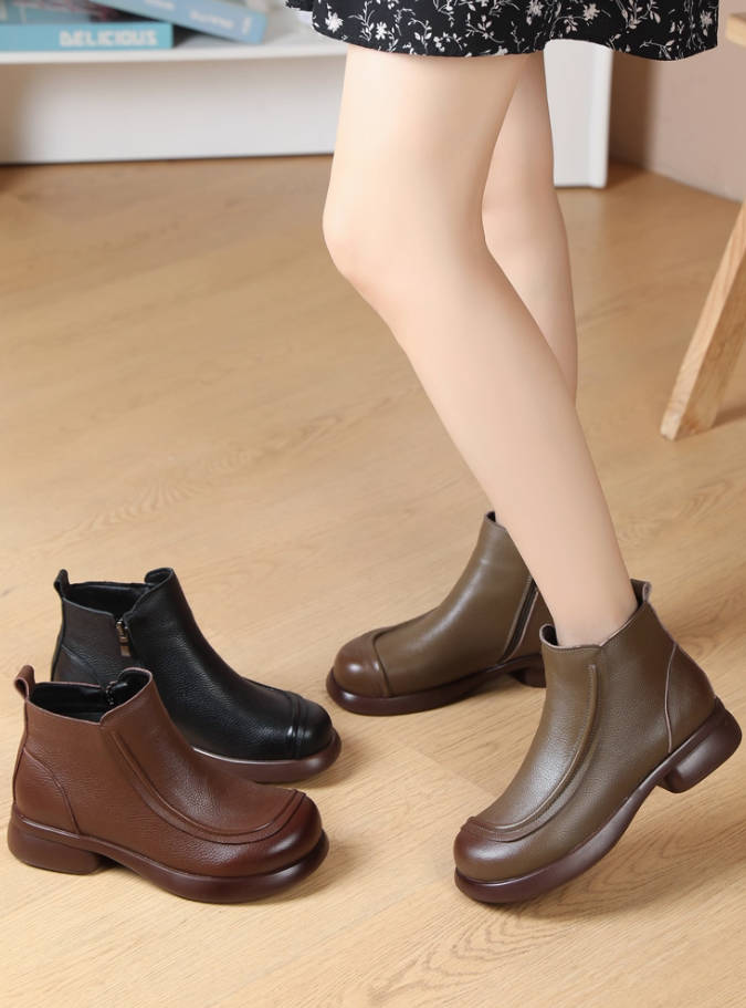 Top Leather Round Toe Soft Sole No-Slip Ankle Boots