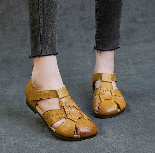 Retro Women Genuine Leather Round Toe Cut Out Soft Sandals