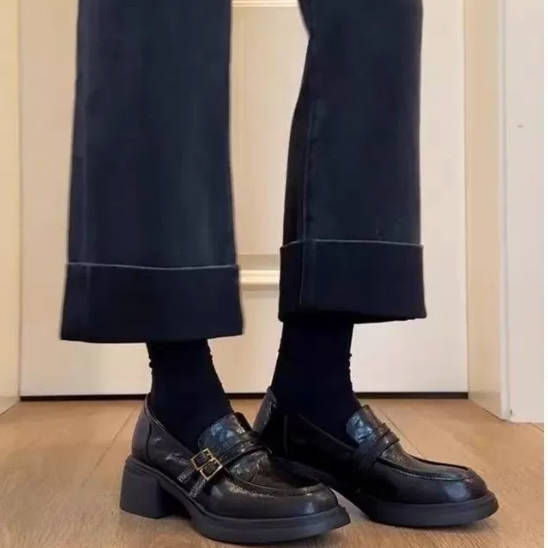 Retro Sheep Leather Buckle Strap Chunky Heel Loafers Slip-on