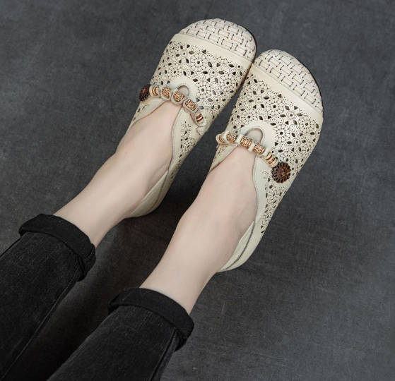 Retro Top Genuine Leather Casual Hollow Out Flat