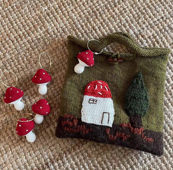 Vintage Forest Mushroom House Hand-knitted Tweed Tote Bag
