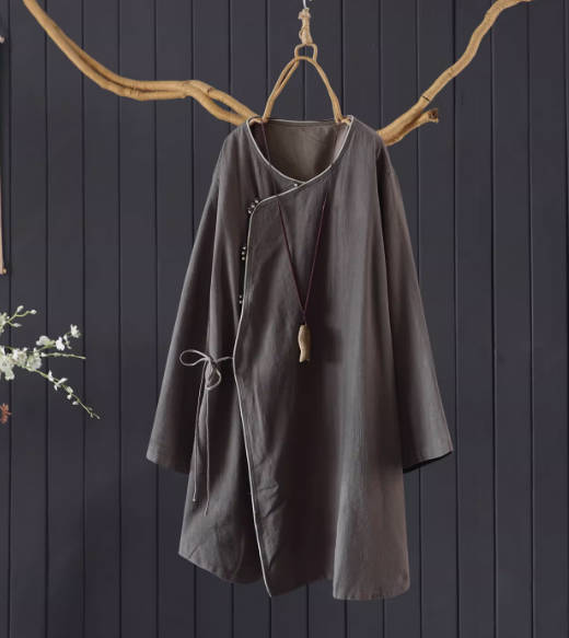 Casual Solid Color Cotton & Ramie Belt Long Sleeve Round Neck Top
