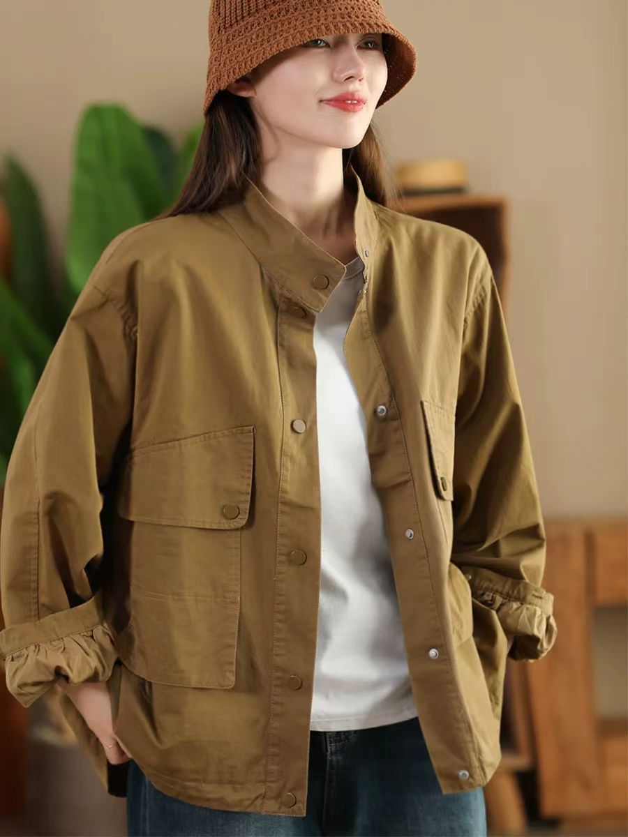Vintage Cotton Casual Stand Collar Plus Pocket Loose Jacket