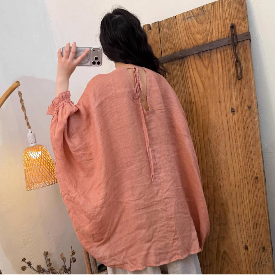 Vintage Linen V-Neck Loose Wide Sleeves Thin Breathable Tops