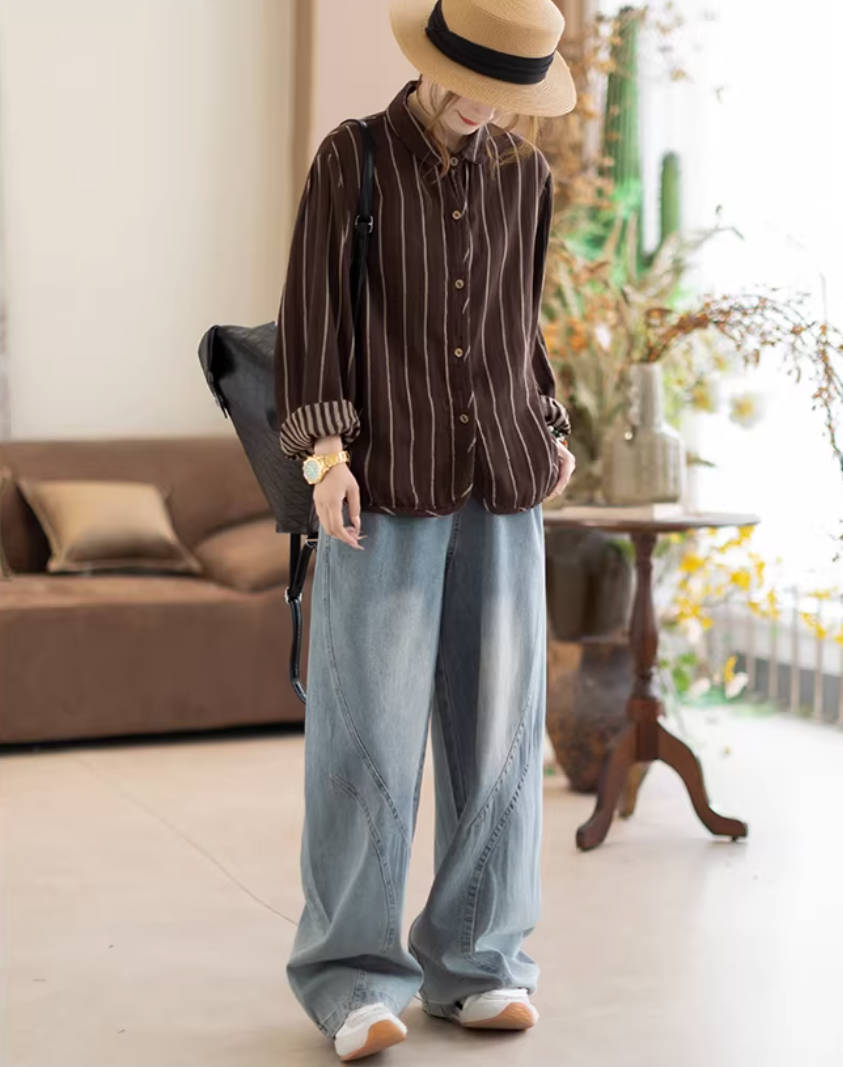 Denim Spring Retro Elastic Waist Casual Everyday Long Loose Jeans