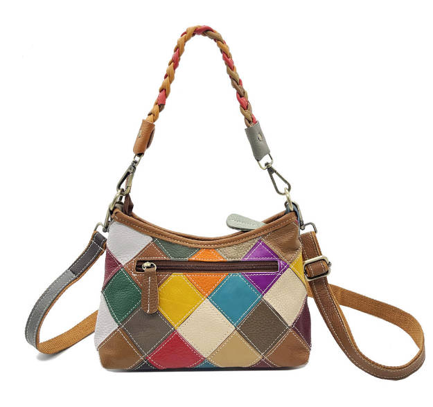 Leather Patchwork Flower Diamond Pattern Color-Block Casual Crossbody Handbag