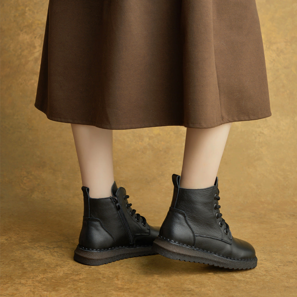 Autumn Top Leather Retro Round Toe Soft Flat Sole Zipper Ankle Boots