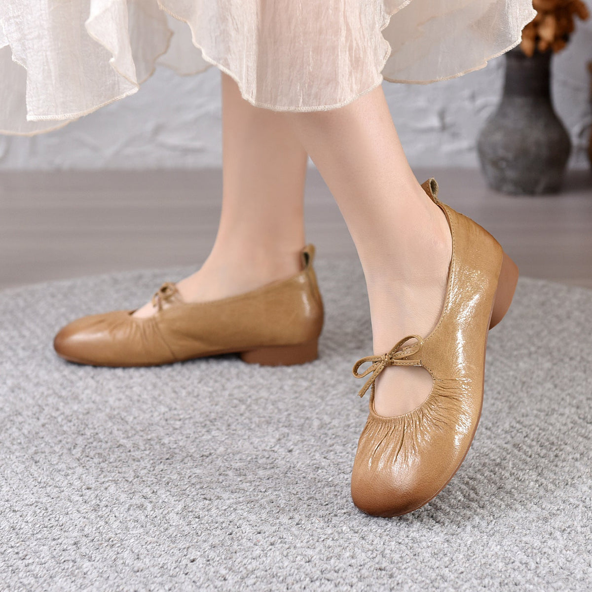 Spring Leather Round Toe Shallow Bow Slip-On Chunky Shoes