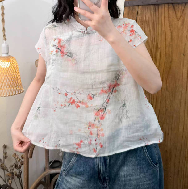 Spring Floral Ramie Stand-Collar Casual Buttoned Short Sleeves Top