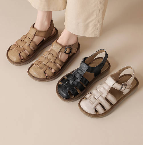 Retro Women Soft Leather Closed Toe Woven Roman Sandals Flats