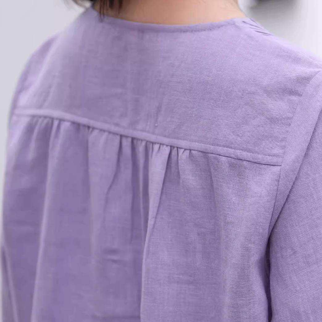 Summer Retro Ramie Round Neck Accordion Pleats Loose Shirt