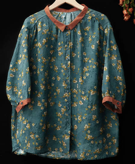 Retro Floral Print Linen-Cotton Turn-Down Collar Short-Sleeve Shirt Cropped Harem Pants Set