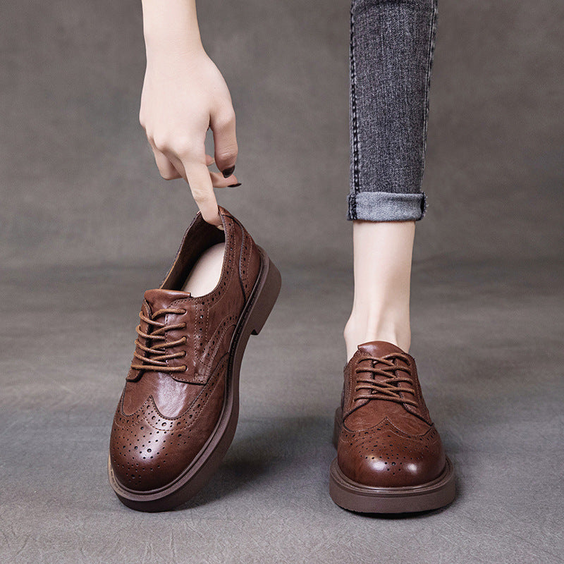 Spring Retro Leather Hallow Breathable  Slim Soft Sole Slip-On Flat Shoes