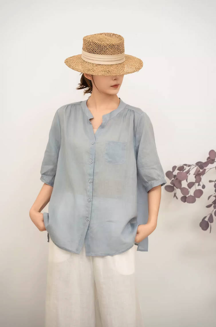 Spring Ramie V-Neck Thin Breathable Half Sleeves Thin Slim Tops