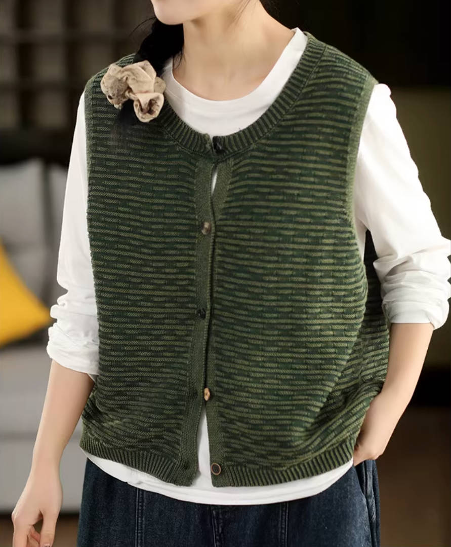 Vintage Cotton Knitted Round Neck Single-Breasted Sleeveless Vest