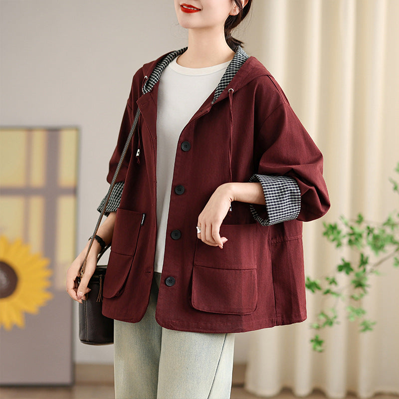 Plaid Patchwork Hooded Windbreaker Long Sleeve Loose Coat