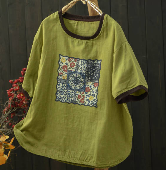 Summer Women Floral Print Casual Loose Cotton Gauze T-Shirt