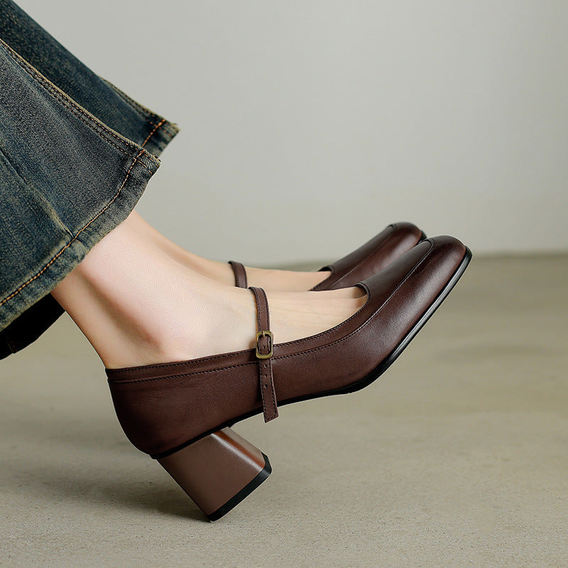 Genuine Leather High Quality Square Toe One Straped Chunky Sandals