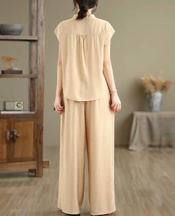 Summer Casual Cotton Elegant Short-Sleeve Wide-Leg Pants Set