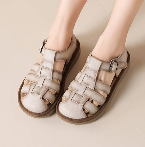 Retro Women Soft Leather Closed Toe Woven Roman Sandals Flats